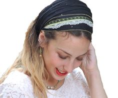 PRICES MAY VARY. Beautiful Handmade;Top quality fabrics Gentle handwash in cold water Easy on easy off 80'x10'- Lovely Headwear Head wrap Designed by Sara Attali-Jerusalem Unique Amazing Black Green Laces Headband decorated with three little flowers handmade "Mitpachat" (Head Covering, Scarf, Tichel), fashionable and so comfortable. Can be wrap once ,two or three times around your head! This "Mitpachat" is worn for show some hair. The fabrics are comfortable and are mostly made from soft quality Head Covering Movement, Jewish Women Fashion, Jewish Headcovering, Scarf Head Covering, Hair Snood, Flowers And Feathers, Head Scarfs, Jewish Women, Head Coverings