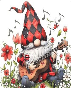 a gnome with a guitar in the middle of flowers and music notes on it's back