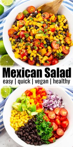 mexican salad with black beans, tomatoes, corn and avocado in two white bowls