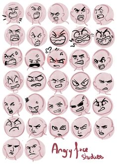 an image of various faces drawn in different styles and colors, with the words angry faces written