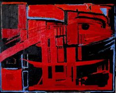 an abstract painting with red and black colors