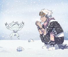 an anime character sitting in the snow next to another character holding a cup and looking at something