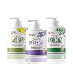 three bottles of hand soap on a white background