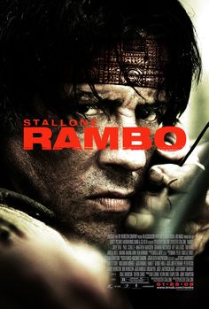 the poster for rambo is shown in red and black, as well as an arrow