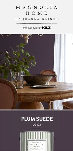 a table and chairs with the words plum suede on it, along with an image of