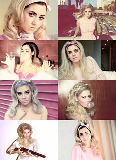 a collage of photos with different women in the same outfit and hair styles, including blonde