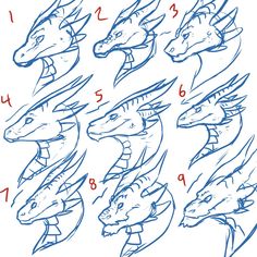 the instructions for how to draw a dragon's head with different angles and sizes