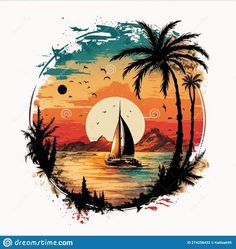 a sunset with palm trees and a sailboat