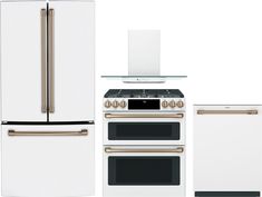 a white stove, refrigerator and oven with gold trimmings on the doors are shown