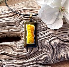 Fused Glass Pendant Necklace - Yellow and Orange Mottled Glass on Gold Background - One of a Kind Handmade Jewelry - Artisan Glass Necklace Gold Background