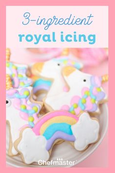 three decorated royal icing cookies on a white plate with pink and blue background text reads, 3 - ingredient royal icing