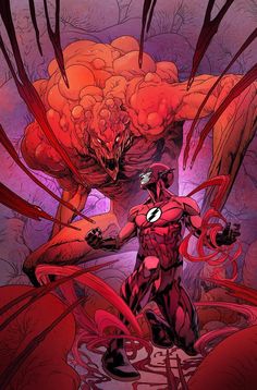 a red and black spider - man standing in front of an evil demon