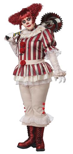 a woman dressed as a clown with red hair and makeup, standing in front of a white background