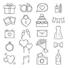 wedding icons and symbols are shown in black and white, including balloons, cake, gifts,