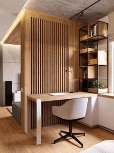 an office with wood paneling and white desk in the middle of a wooden floor