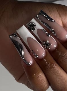 3D Silver Chrome White French Tip Press on Nailschrome Nailsglam Nailswhite Nailscharm Nailsluxury Nailssilver Nailsmetallic Nails - Etsy Long Nail Inspo Baddie Summer, Cut Nails, Colored Acrylic Nails, Her Nails, Long Acrylic Nails Coffin