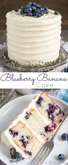 blueberry banana cake with white frosting and fresh blueberries on the top layer