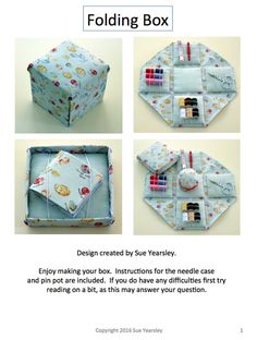 the instructions for folding box are shown in three different ways, including sewing and quilting