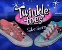 two colorful sneakers with bows on them and the words twinkle toes are in front of a blue background