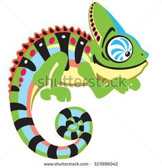 a green chamelon lizard with blue eyes and black stripes on it's tail