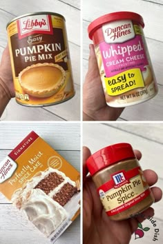 four pictures of different types of pumpkin pies and ice cream in containers with labels on them