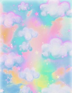 the sky is filled with stars and clouds in pastel colors, as well as white fluffy clouds