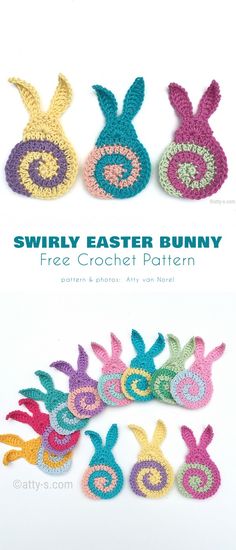 three crocheted bunnies with the words swirly easter bunny on them