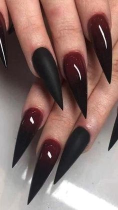 Black Ombre Nails Stilleto, Fall Staleto Nails, Spooky Halloween Nails Stiletto, Gothic Coffin Nail Ideas, Fallen Angel Nails, Halloween Spooky Nails, Witchy Stiletto Nails, Satanic Nail Art, Burgundy Halloween Nails