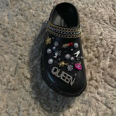 Black Crocs Hand Designed Price Is Non Negotiable Black Crocs With Mexican Charms, Black Crocs With Spikes, Rhinestone Black Crocs, Black Fluffy Crocs, Black Fuzzy Crocs, Black Crocs, Mule Clogs, Mules Shoes, Hand Designs