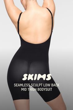 A sculpting bodysuit that sculpts silhouette, cinches waist, and smooth thighs while providing support and lift for your curves. Featuring a deep scoop back that makes it the perfect backless shapewear option. | SKIMS Low Back Mid Thigh Bodysuit | Black | 2XS | Seamless Sculpt Seamless Sculpting Shapewear, Seamless Shaping Shapewear With Low Back, Shaping Shapewear Leotard, Solid Color Shaping Leotard With Seamless Construction, Elegant Low Back Shaping Shapewear, Elegant Sculpting Backless Shapewear, Seamless Low Back Shaping Shapewear, Low Back Seamless Shaping Shapewear, Seamless Stretch Shapewear With Low Back