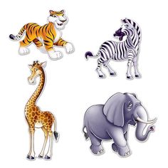 four different types of animals are depicted in this image, including an elephant, zebra and giraffe