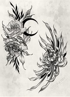 some flowers are drawn in black and white on a piece of paper with watermarks