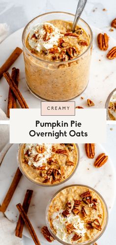 pumpkin pie overnight oats with pecans and whipped cream in glass bowls on a white plate