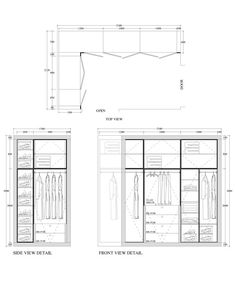 two drawings of the interior and side views of a closet