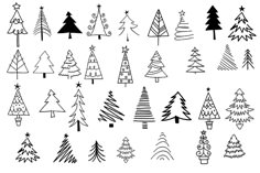 hand drawn christmas trees in black and white