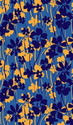 a blue and yellow flower pattern with small flowers on the bottom half of it, against a dark blue background