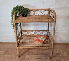 a bamboo shelf with a plant on top and an orange box under the shelf next to it