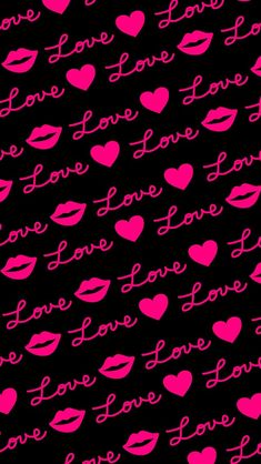 pink lips and hearts on black background with the word love written in large letters across them