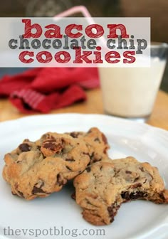 bacon chocolate chip cookies on a white plate with a glass of milk in the background