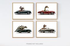 four pictures of dinosaurs riding in an old car