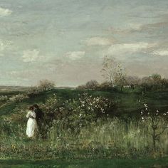 a painting of two people in a field