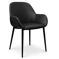 a black leather chair with wooden legs on an isolated white background, viewed from the front