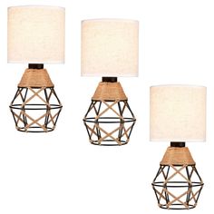 three lamps with woven shades on them