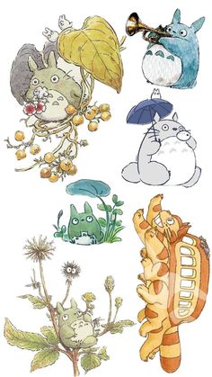 an image of cartoon animals with leaves on them