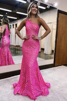 Hot Pink Mermaid One Shoulder Winter Formal Dress Red Long Prom Dress, Sequins Prom Dress, Glitter Party Dress, Prom Dresses Long Pink, Sequin Prom Dress, Floor Length Skirt, Trending Products, Mermaid Fashion, Prom Dresses Blue