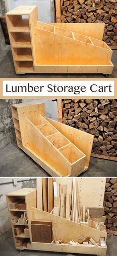 the lumber storage cart is made out of wood and has multiple compartments to store it