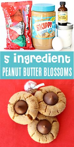 an image of peanut butter blossoms cookies with ingredients in the background and text overlay