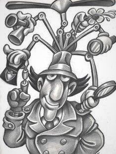 a drawing of a man with tools on his head and holding a wrench in one hand