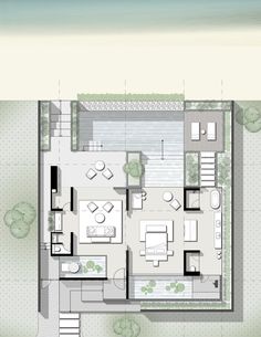 an aerial view of the floor plan of a house with two levels and three rooms