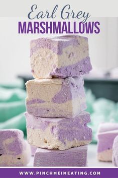 purple and white marshmallows stacked on top of each other with text overlay